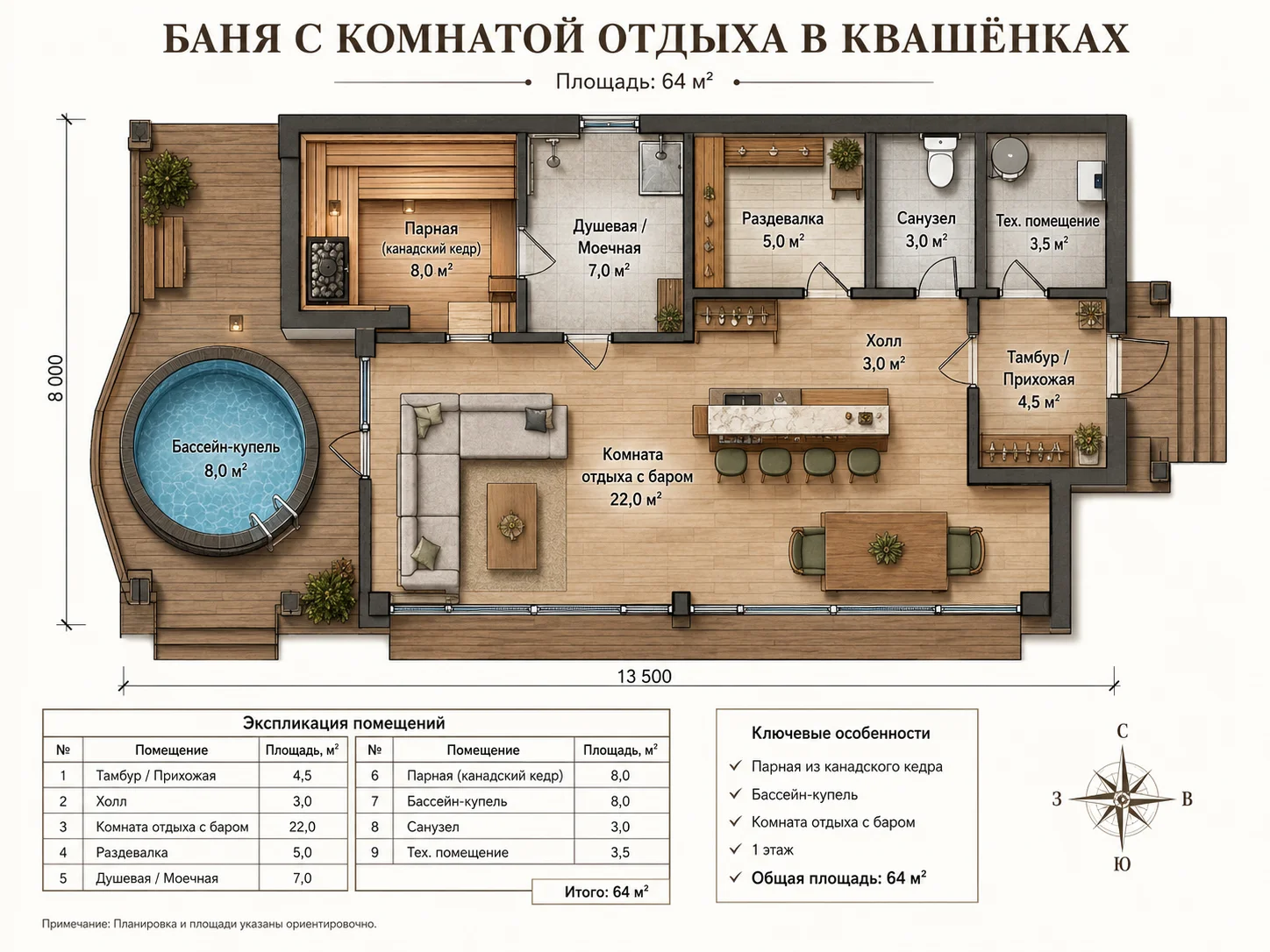 Планировка бани 64 м² с комнатой отдыха и парной в Квашёнках